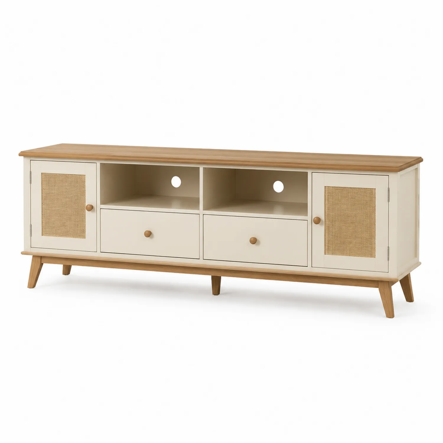 Mobile TV in legno e rattan con cassetti e ripiani, Crema e Legno
