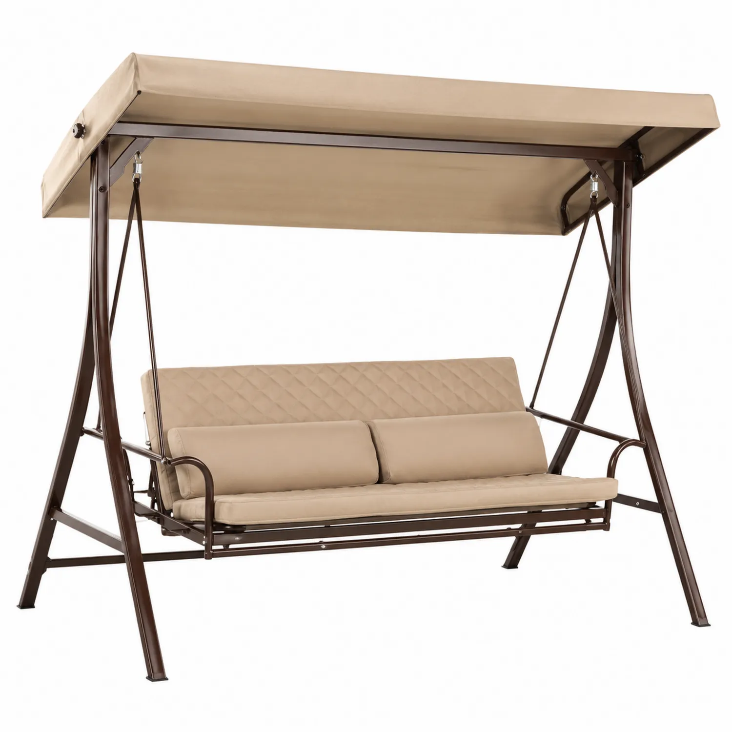 Altalena da Giardino a Tre Posti con Struttura in Metallo e Cuscini in Poliestere Beige