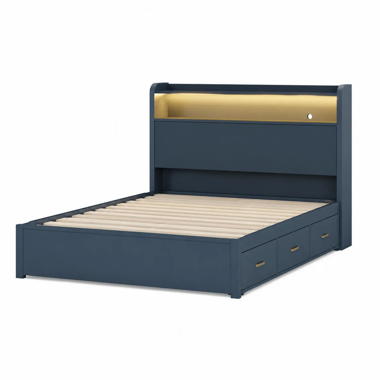 Letto Contenitore Matrimoniale in Legno Blu con Luce LED e Cassetti