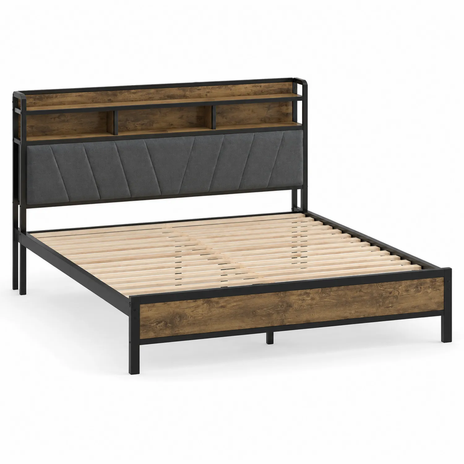 Letto matrimoniale in metallo e MDF con testiera in poliestere grigio