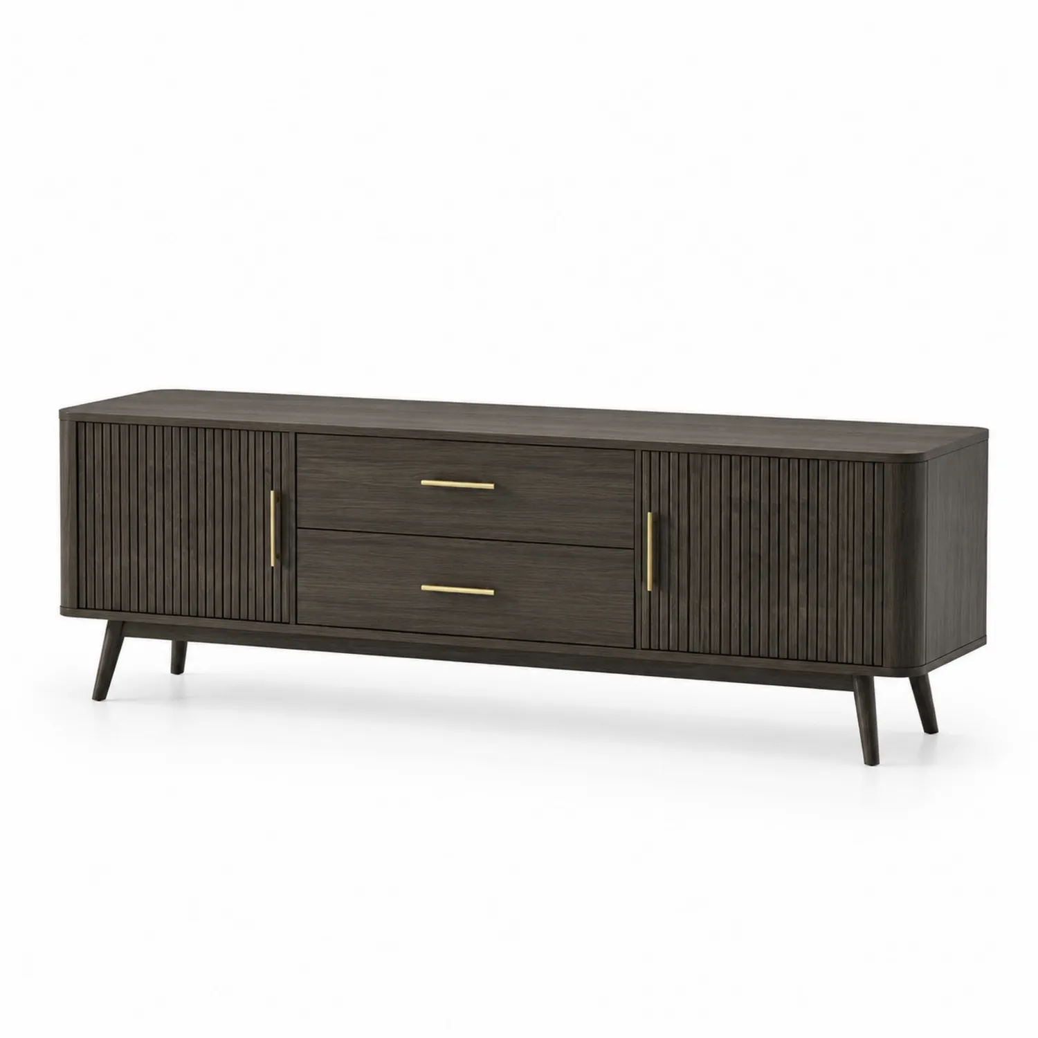 Credenza TV in Legno Multistrato Scuro con Ante e Cassetti