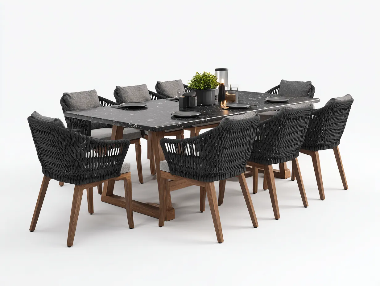 Salon de jardin repas avec table effet pierre et 8 fauteuils tressés 220x100x75 cm - noir-gris foncé-marron noyer - pour jardin - style moderne-Casagetbase