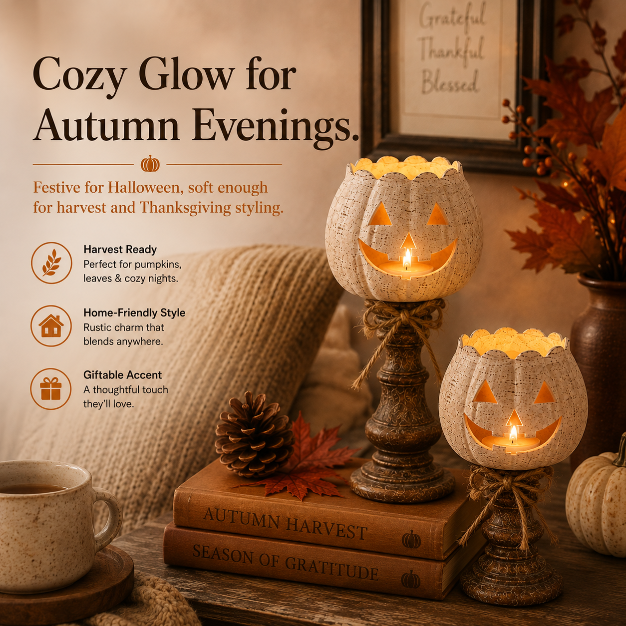 🔥Rustic White Pumpkin Tealight Candle Holder Set