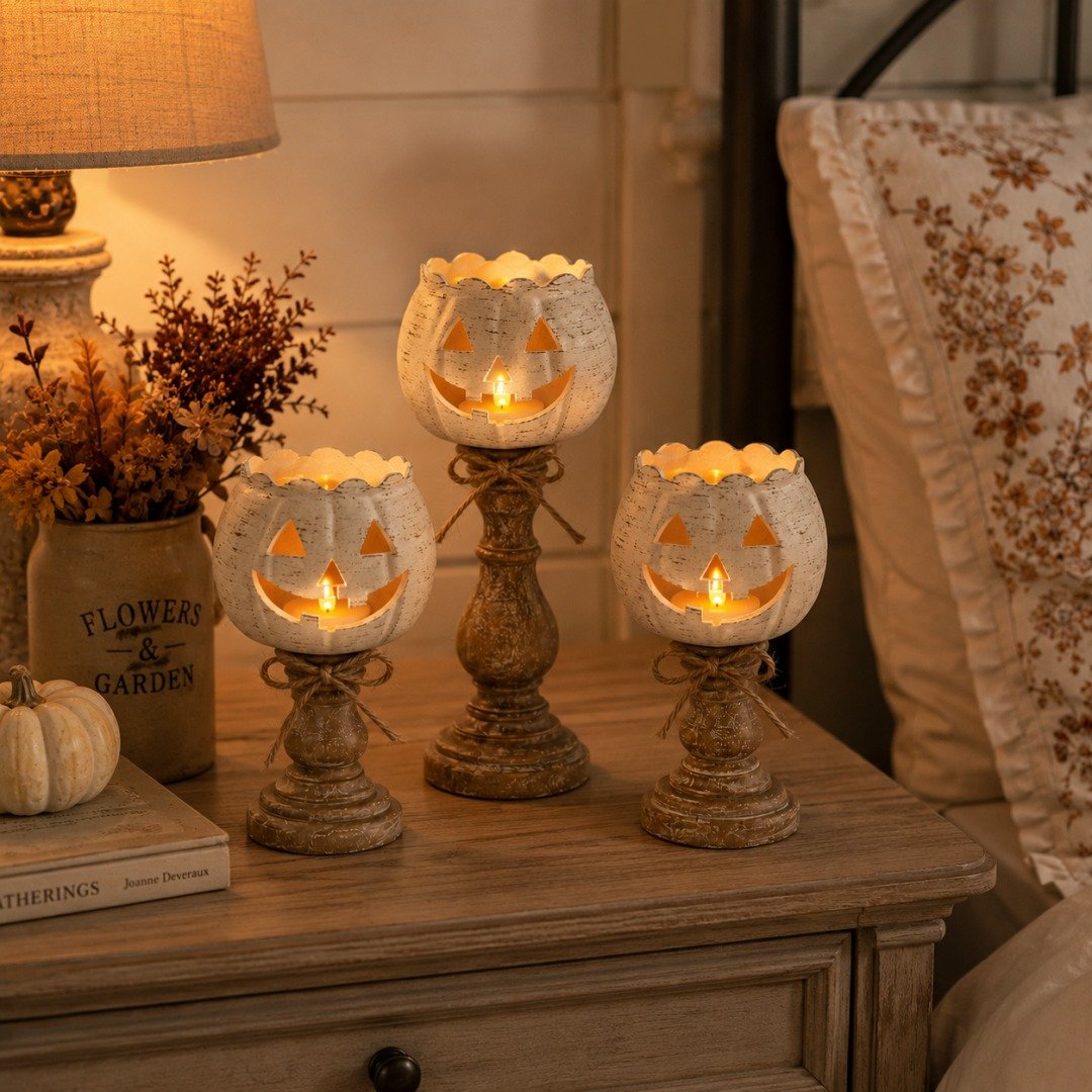 🔥Rustic White Pumpkin Tealight Candle Holder Set