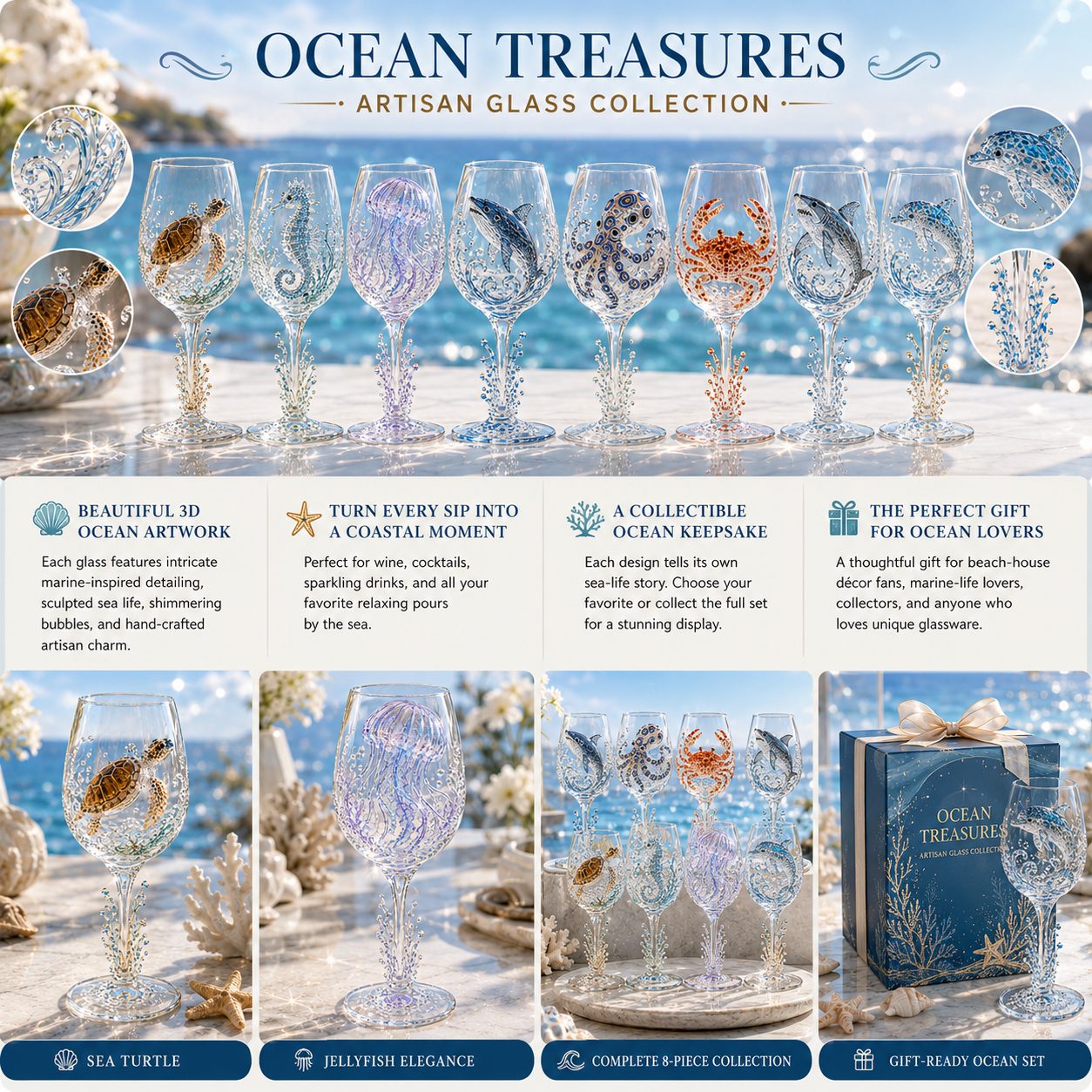 🌊Ocean Treasures Handcrafted 3D Sea Life Wine Glass Collection | Ocean‑Themed Handmade Wine Glasses Set
