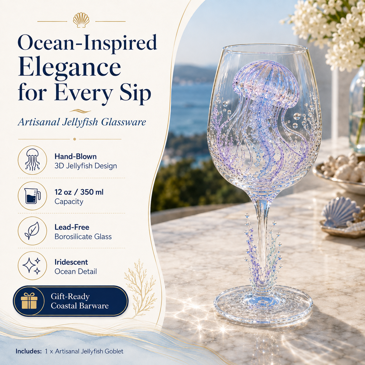 🌊Ocean Treasures Handcrafted 3D Sea Life Wine Glass Collection | Ocean‑Themed Handmade Wine Glasses Set