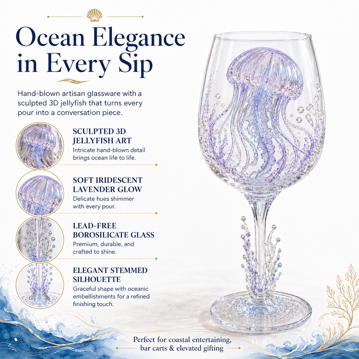 🌊Ocean Treasures Handcrafted 3D Sea Life Wine Glass Collection | Ocean‑Themed Handmade Wine Glasses Set