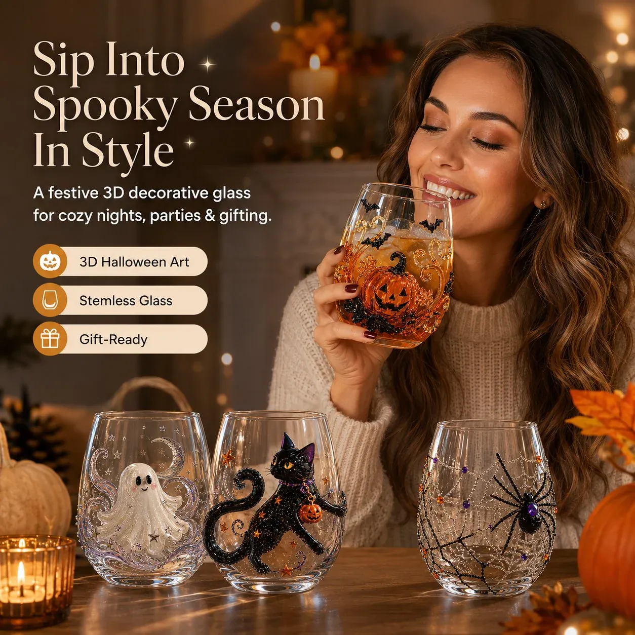 🔥LAST DAY 49% OFF - 🎃 3D Halloween Artisan Glass Cups, Festive Parties & Cozy Fall Home Bar Vibes