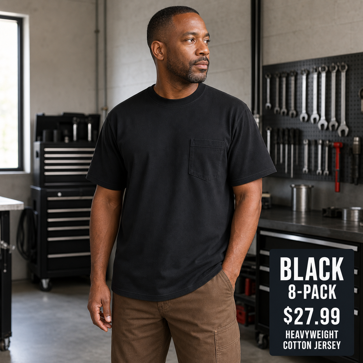 Black heavyweight pocket T-shirt front view