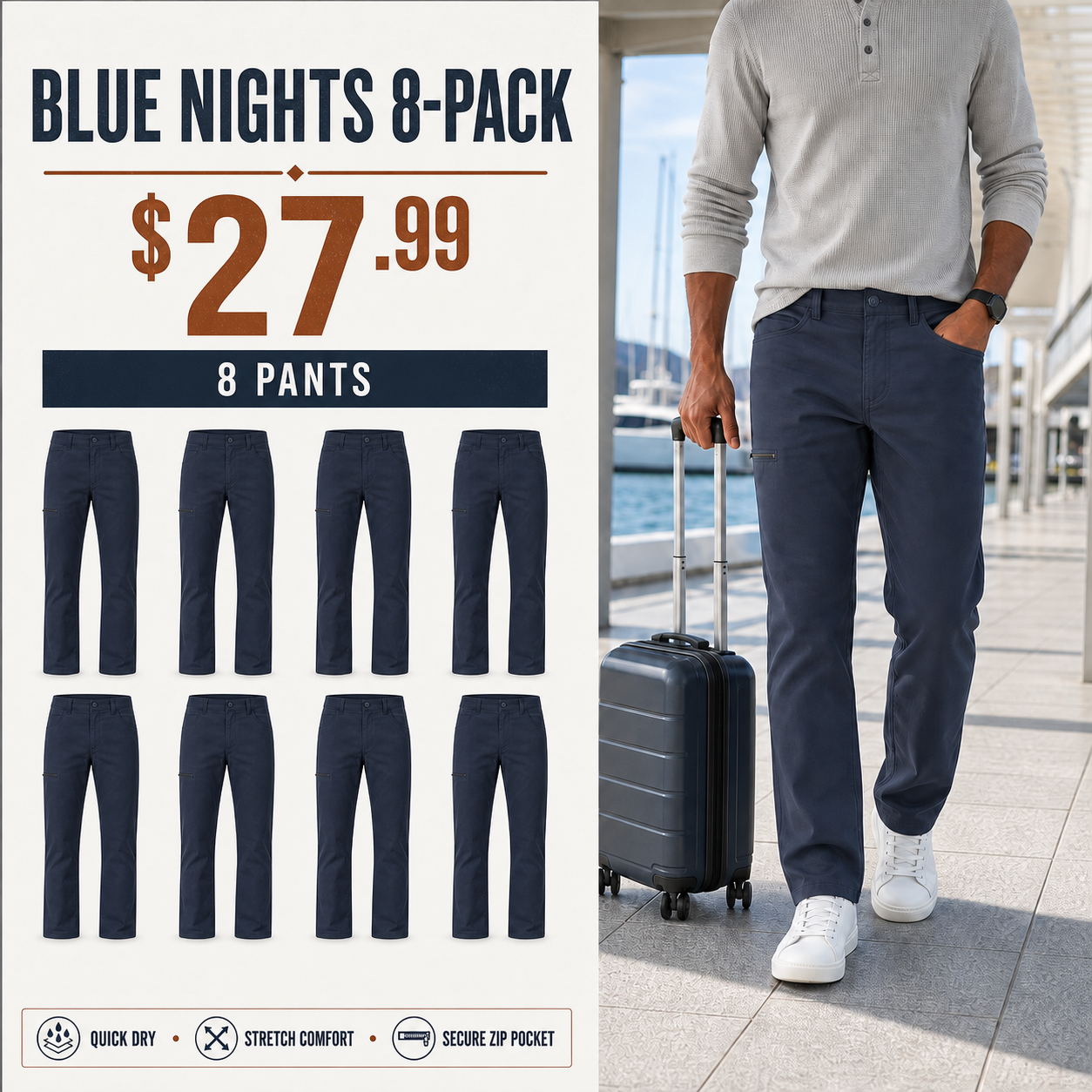 Blue Nights utility pants 8-Pack in a bright travel scene