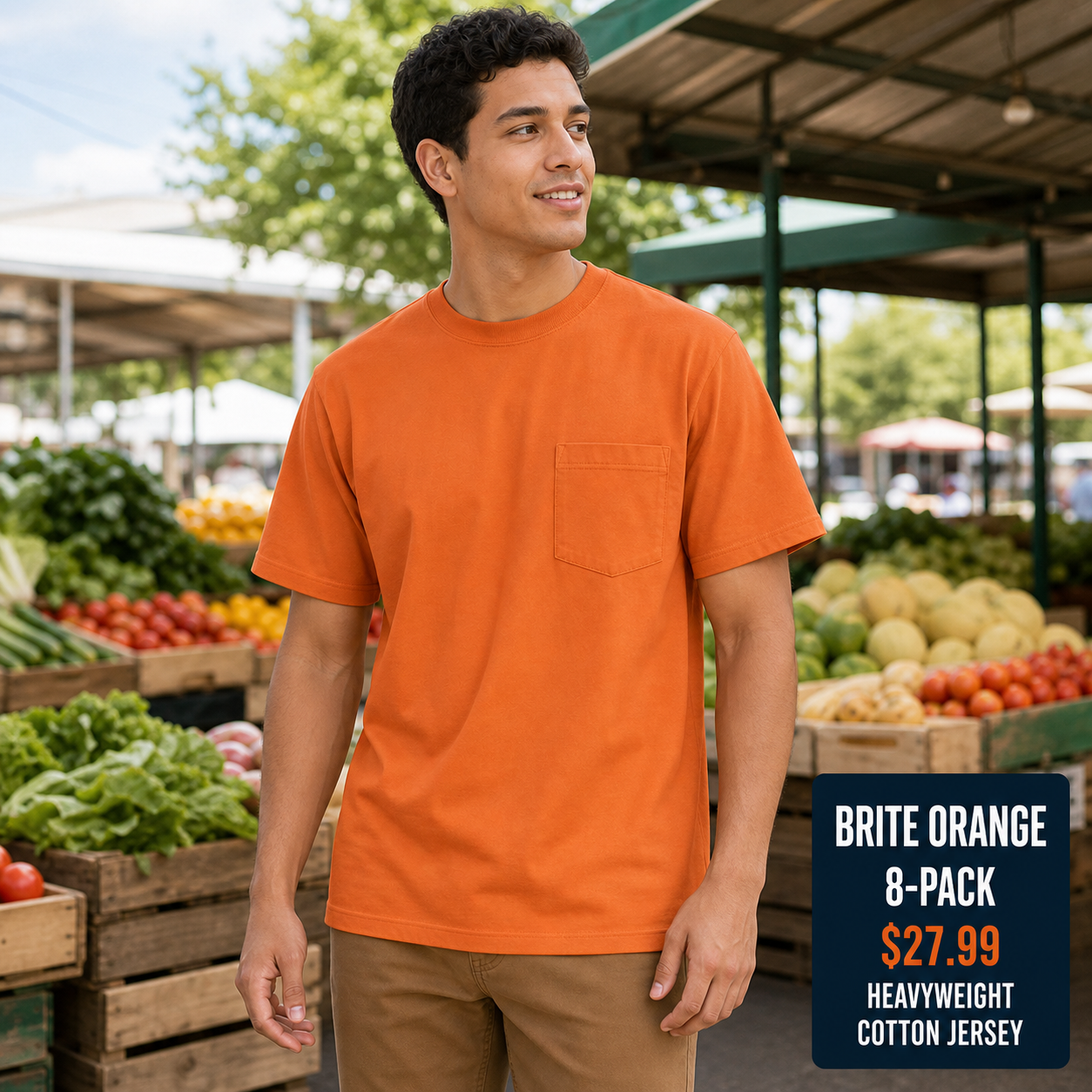 Brite Orange heavyweight pocket T-shirt front view