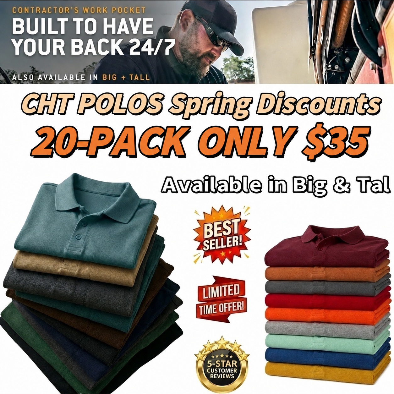 Last Day Promotion 🔥🔥CHT Men's Workwear Loose Fit Heavyweight POLOS (Also Available in Big & Tall)