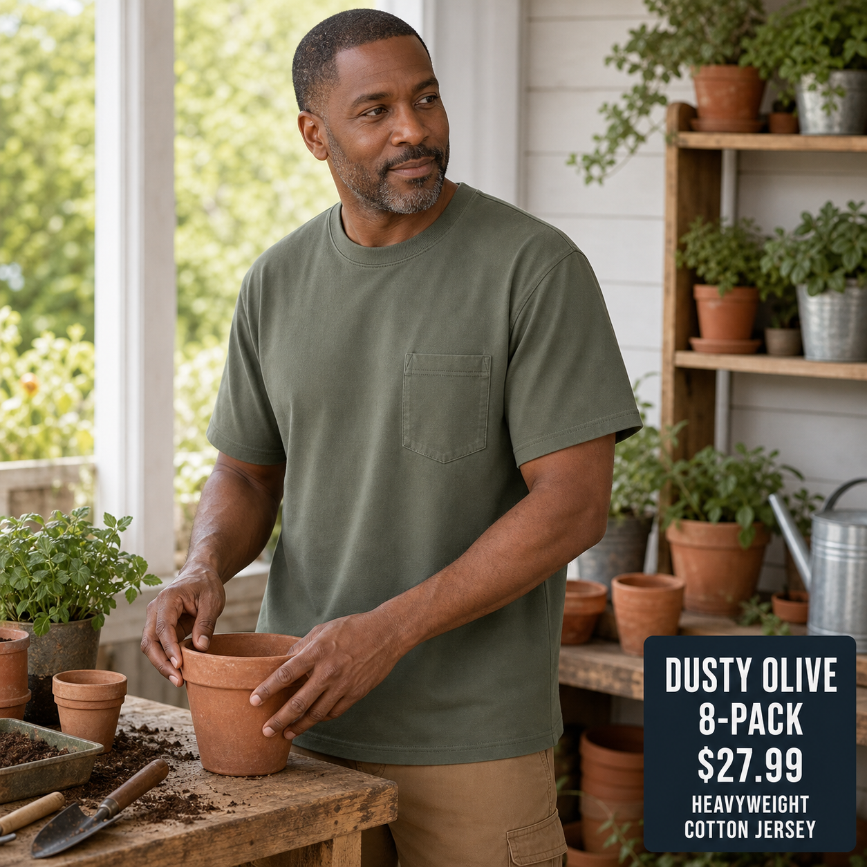Dusty Olive heavyweight pocket T-shirt front view