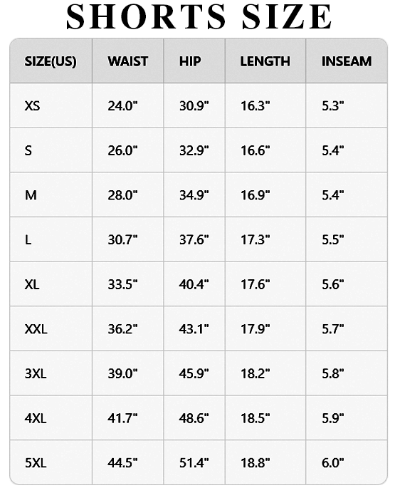 Women's biker shorts size chart XS to 5XL