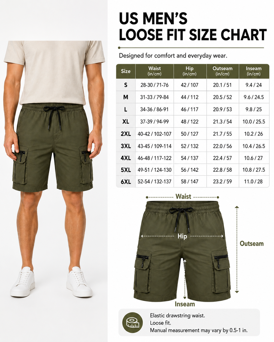 US men's loose fit cargo shorts size chart