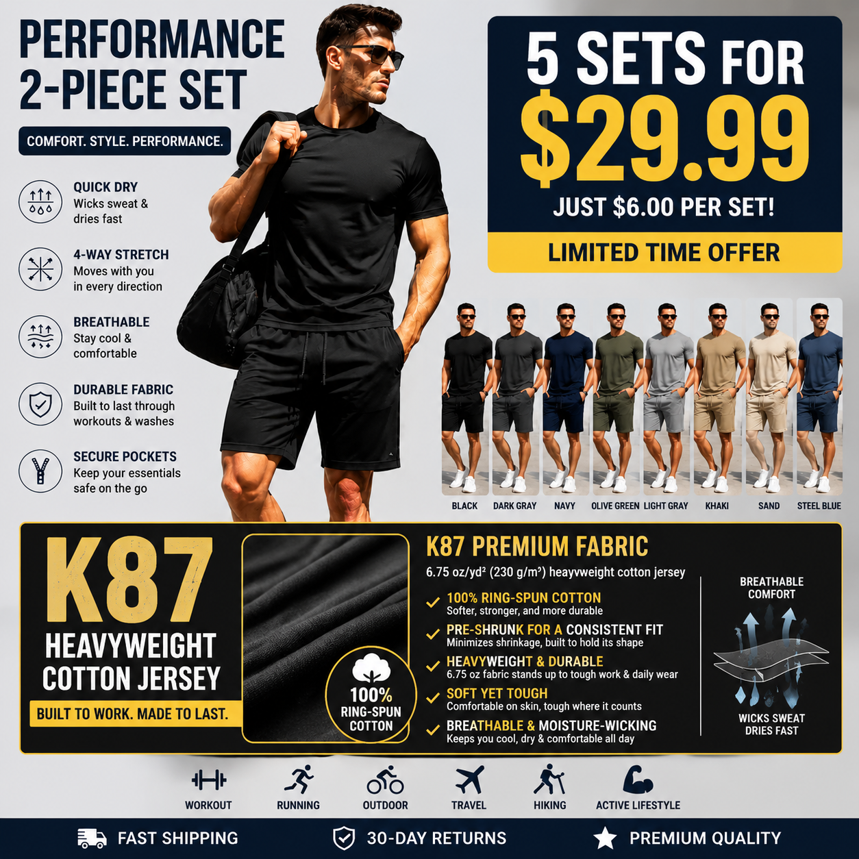 Men's Performance 2-Piece Set - 5-Pack Textured Tee & Shorts