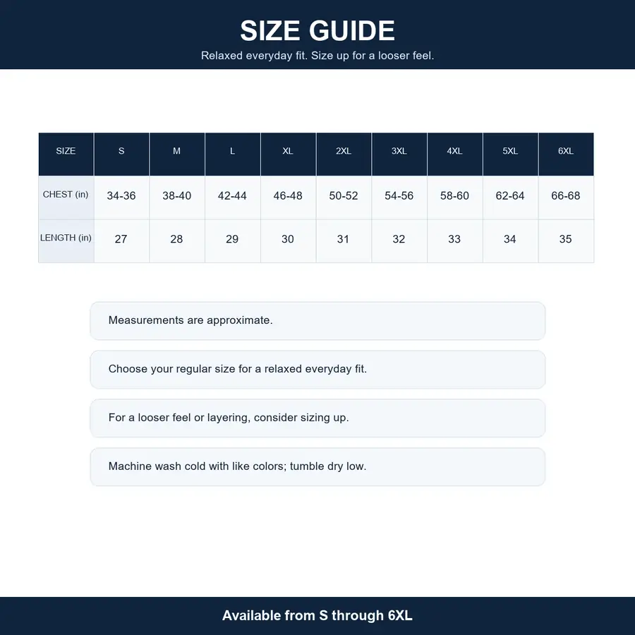 Sleeveless t-shirt size guide S to 6XL