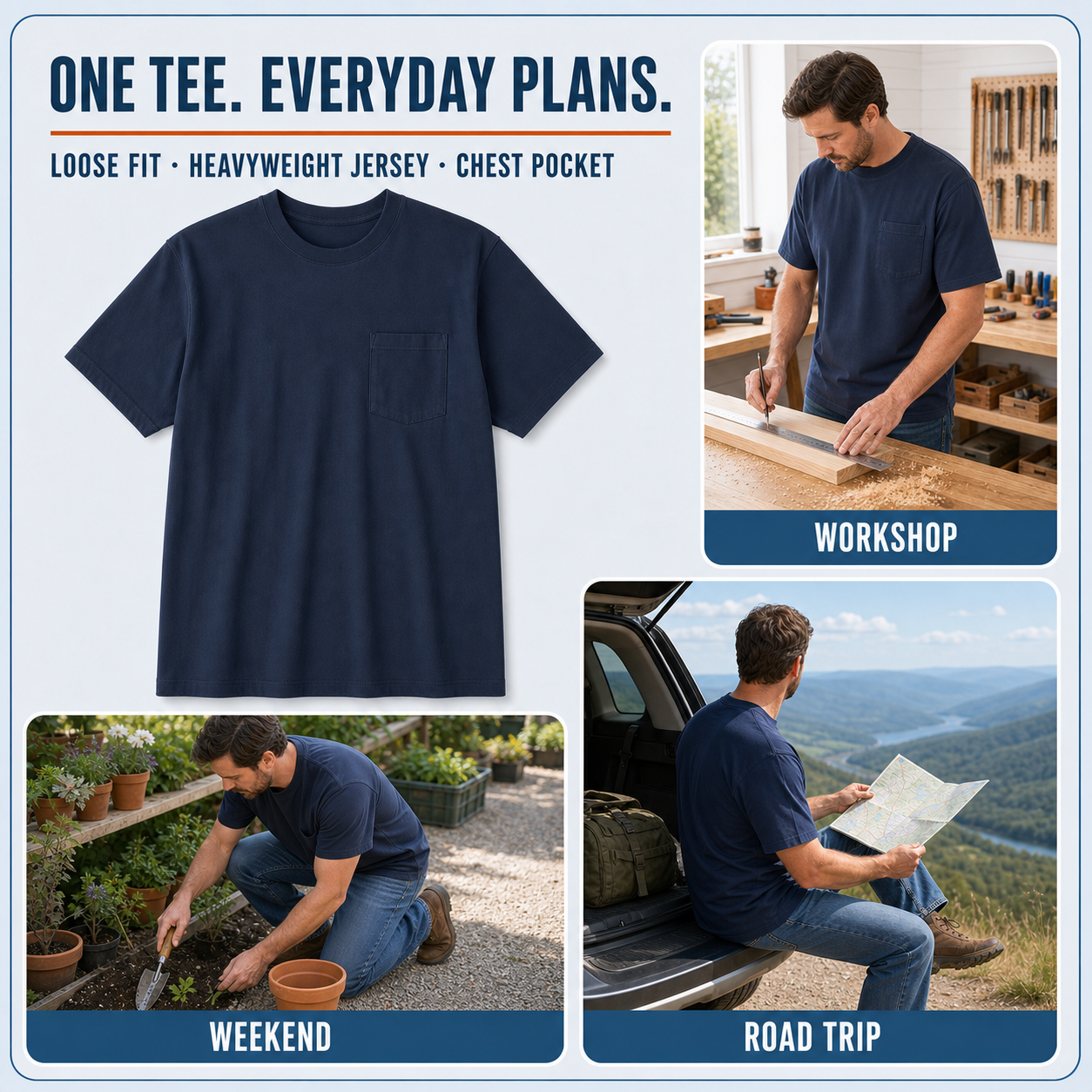 Heavyweight pocket T-shirt for workshop, weekend, and road-trip use