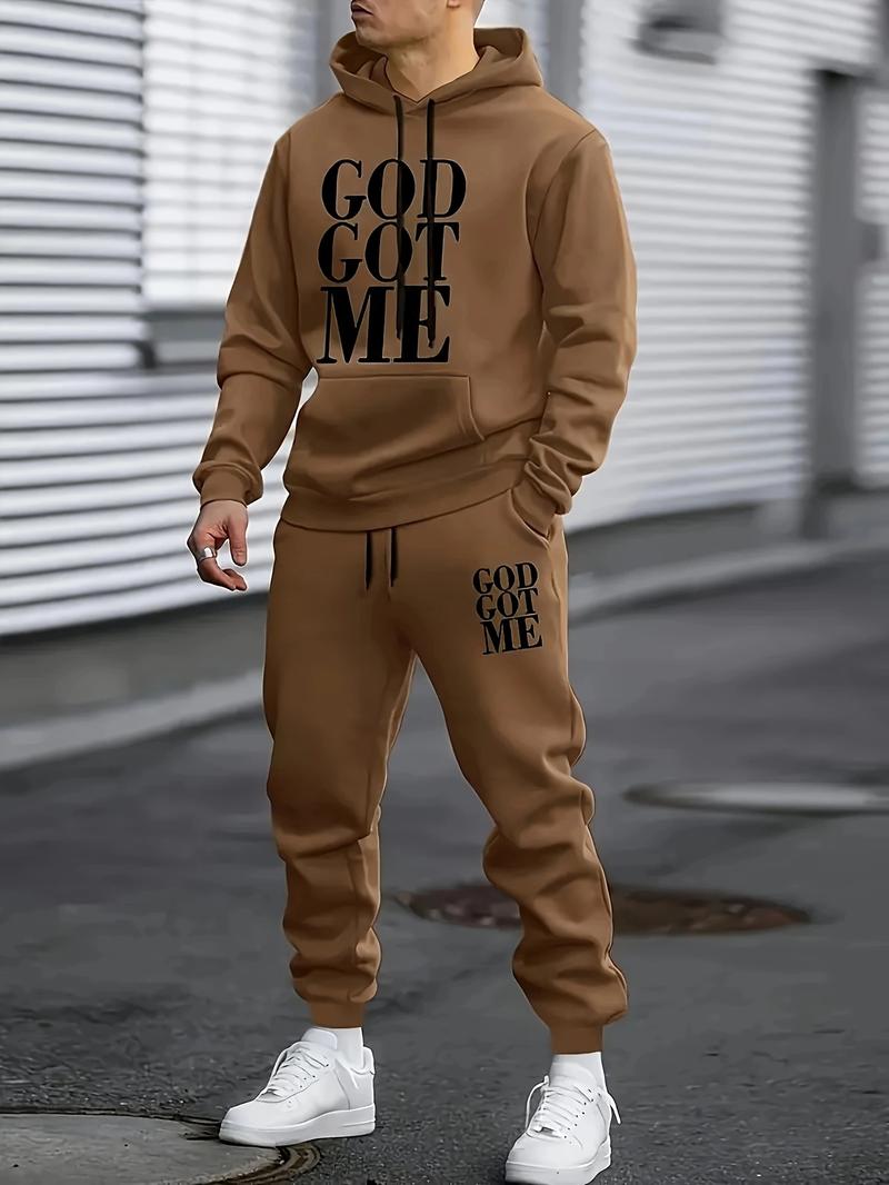 Casual hoodie and sweatpants set - fleece lining, long sleeves, printed design | machine washable