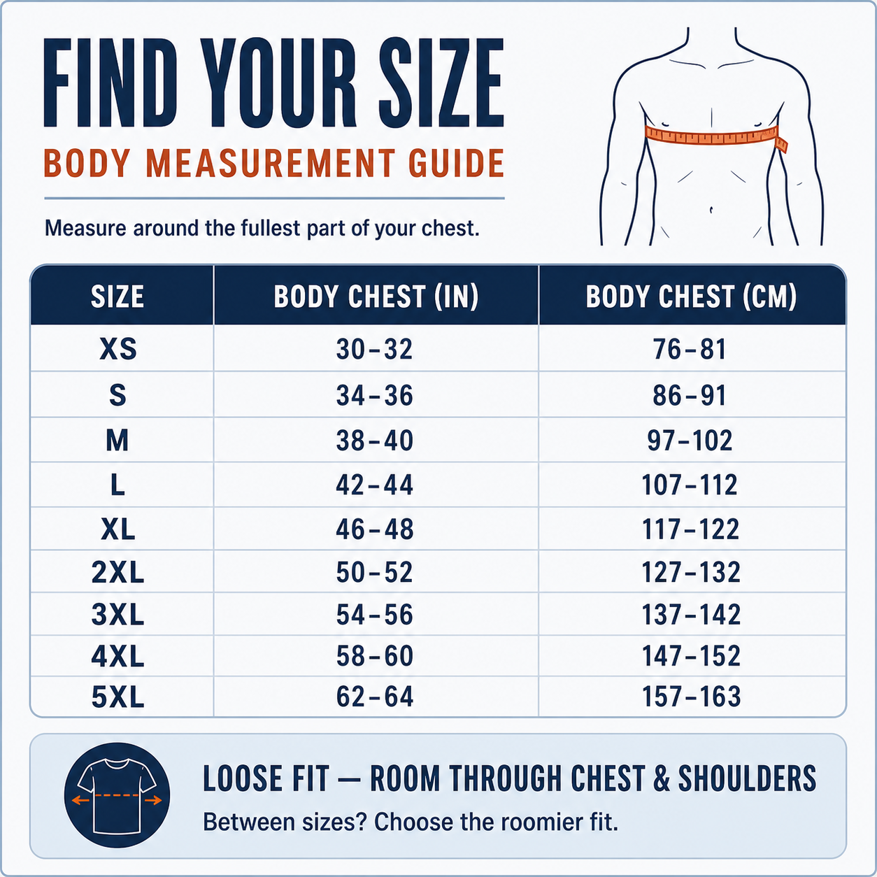 Men's loose-fit pocket T-shirt body measurement size guide