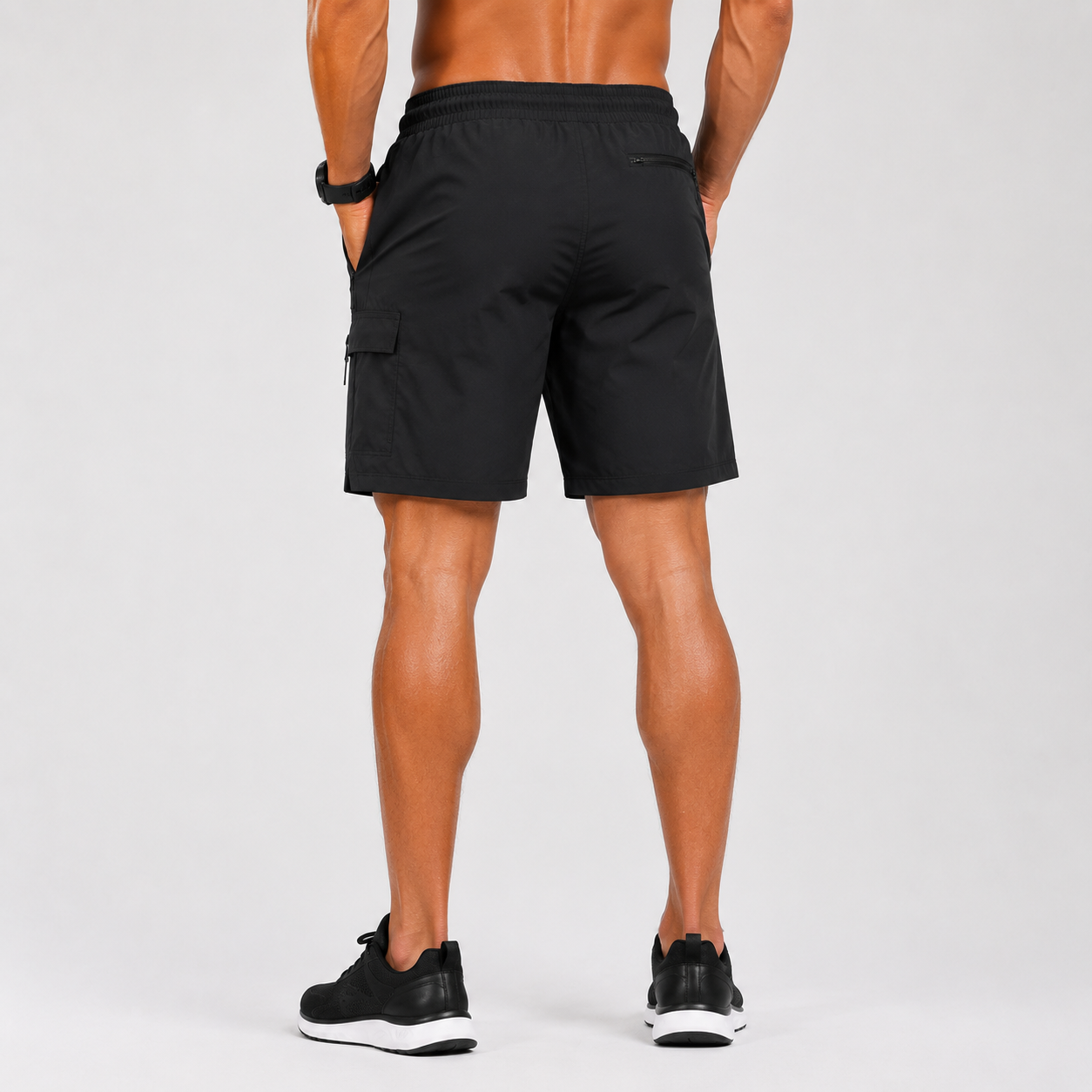 Back model view black cargo shorts