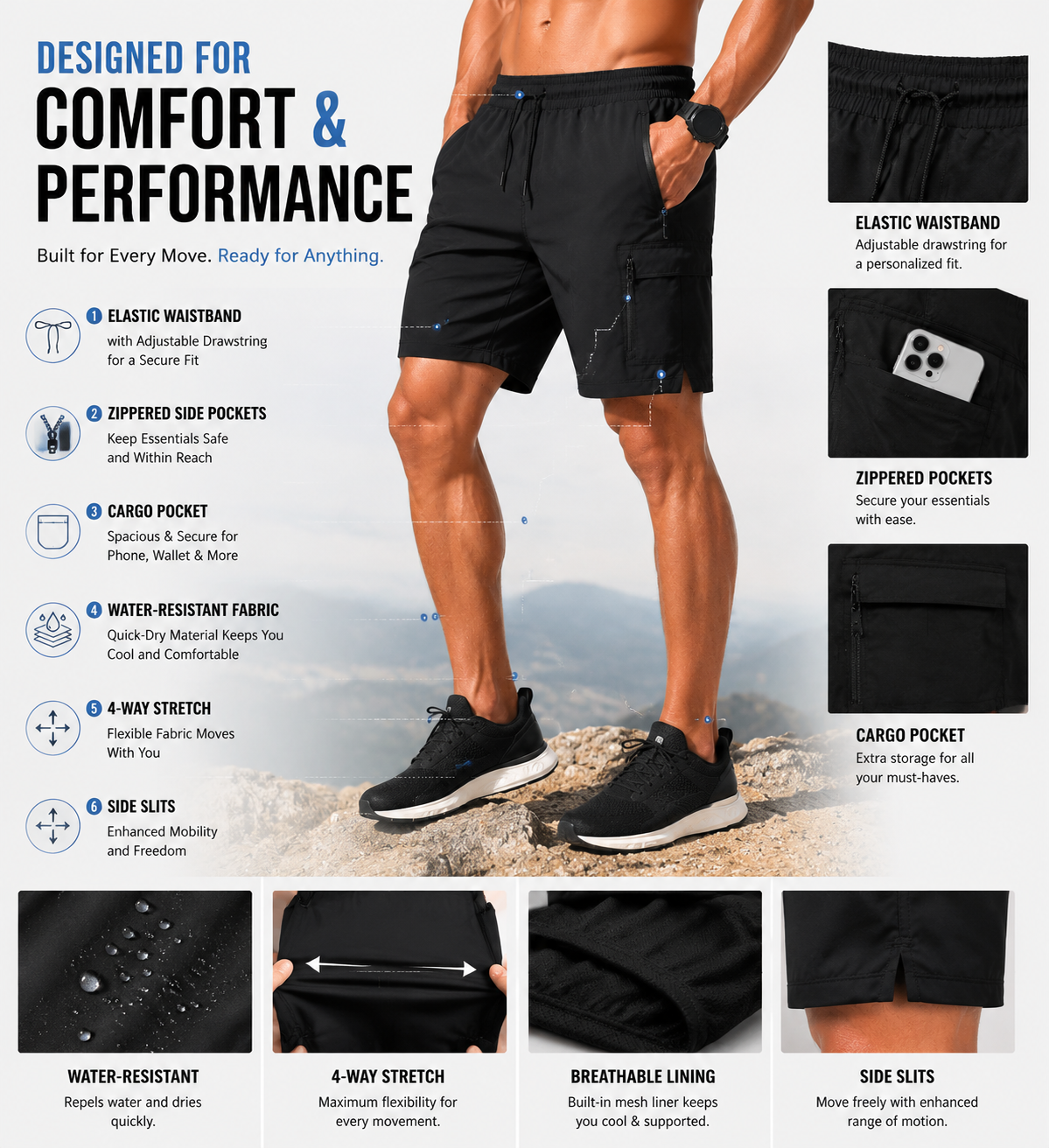 Cargo shorts comfort and performance features