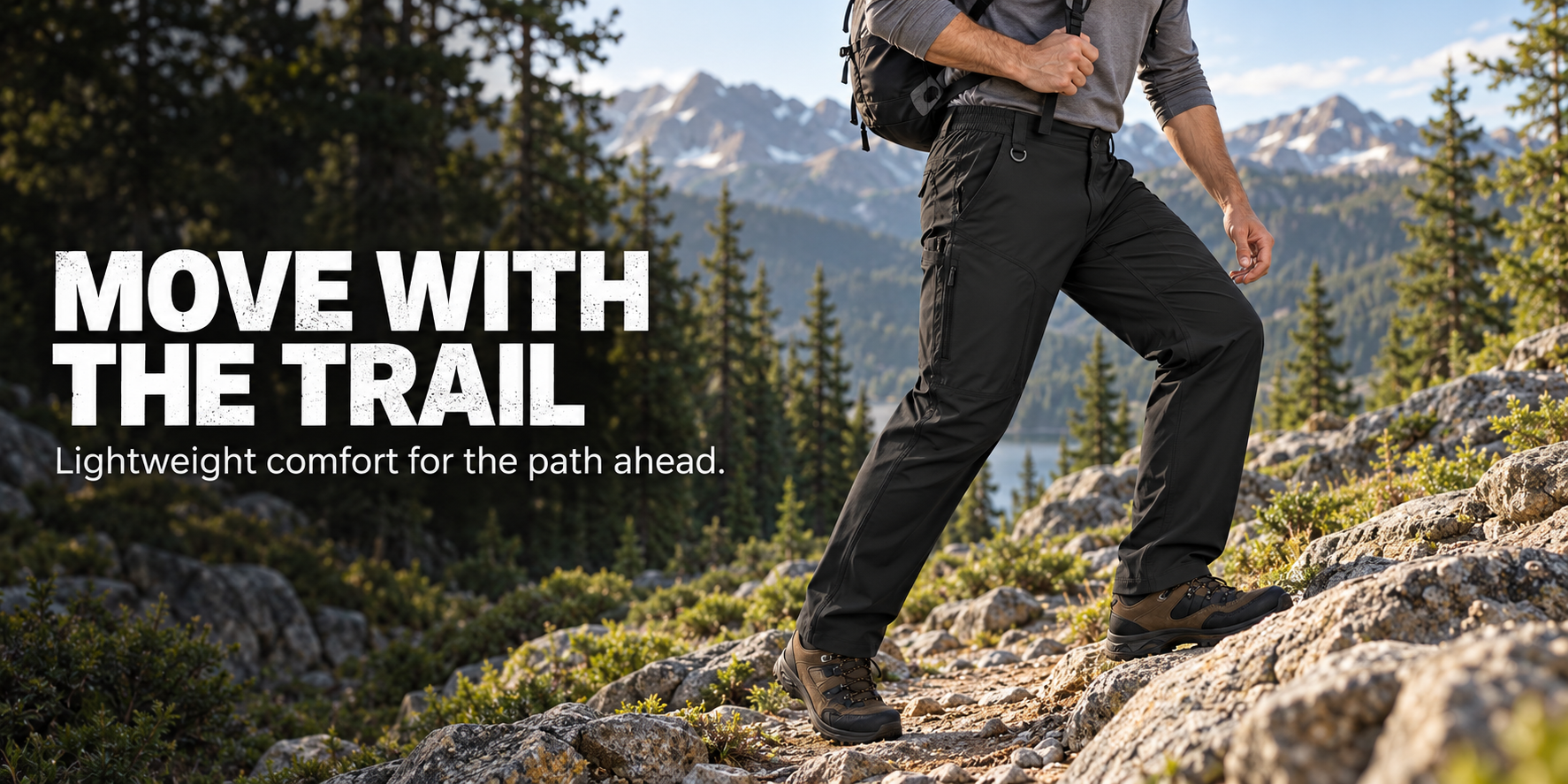 Men's hiking cargo pants on a mountain trail