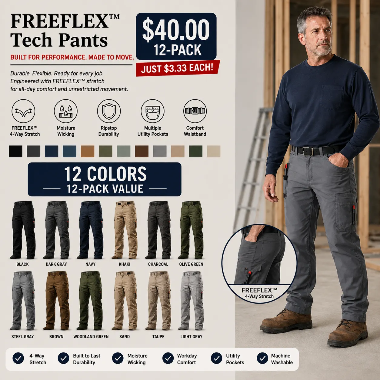 Men's stretch work pants 12-pack in assorted colors