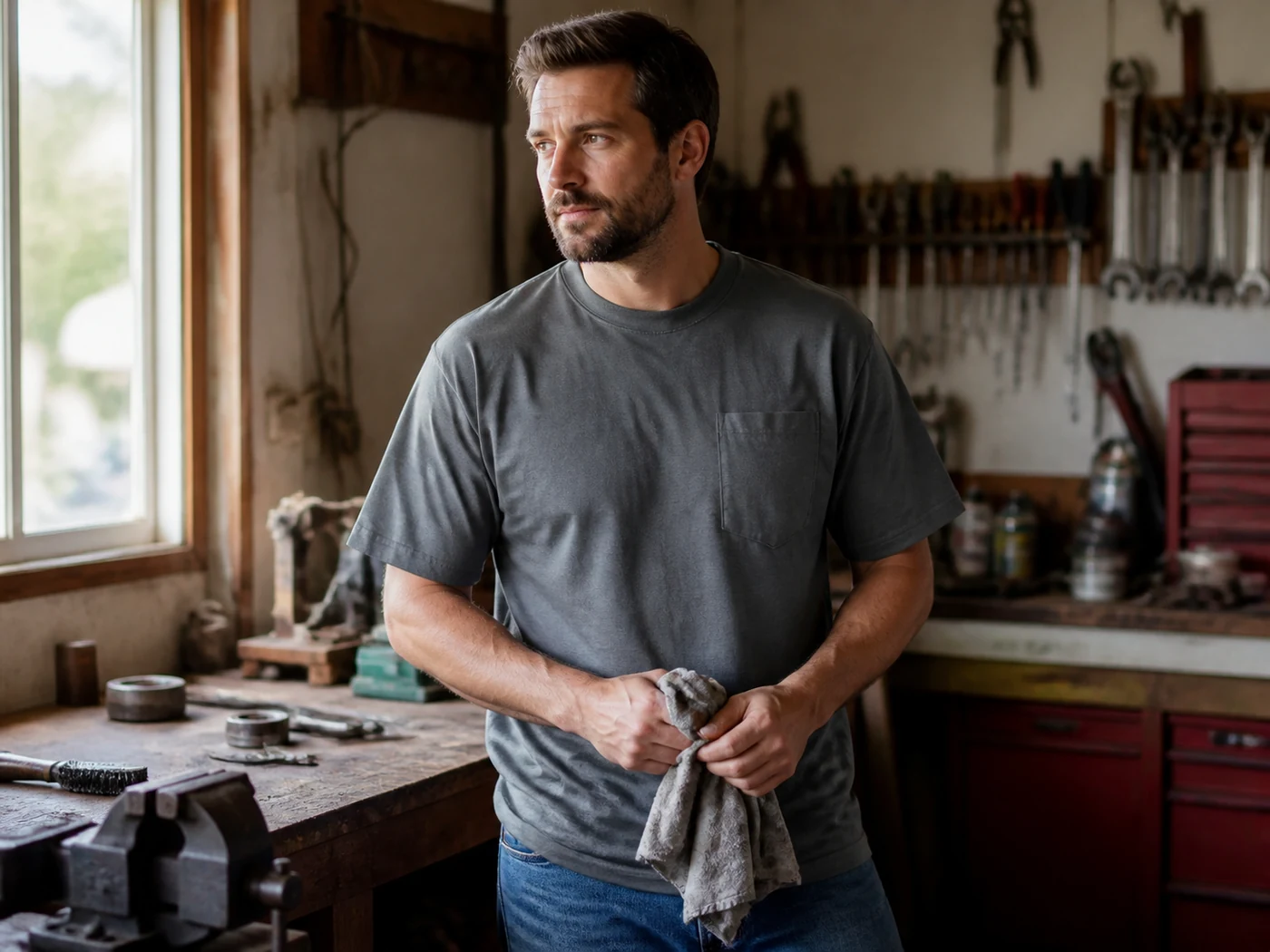 Men wearing a charcoal heavyweight pocket T-shirt in a workshop
