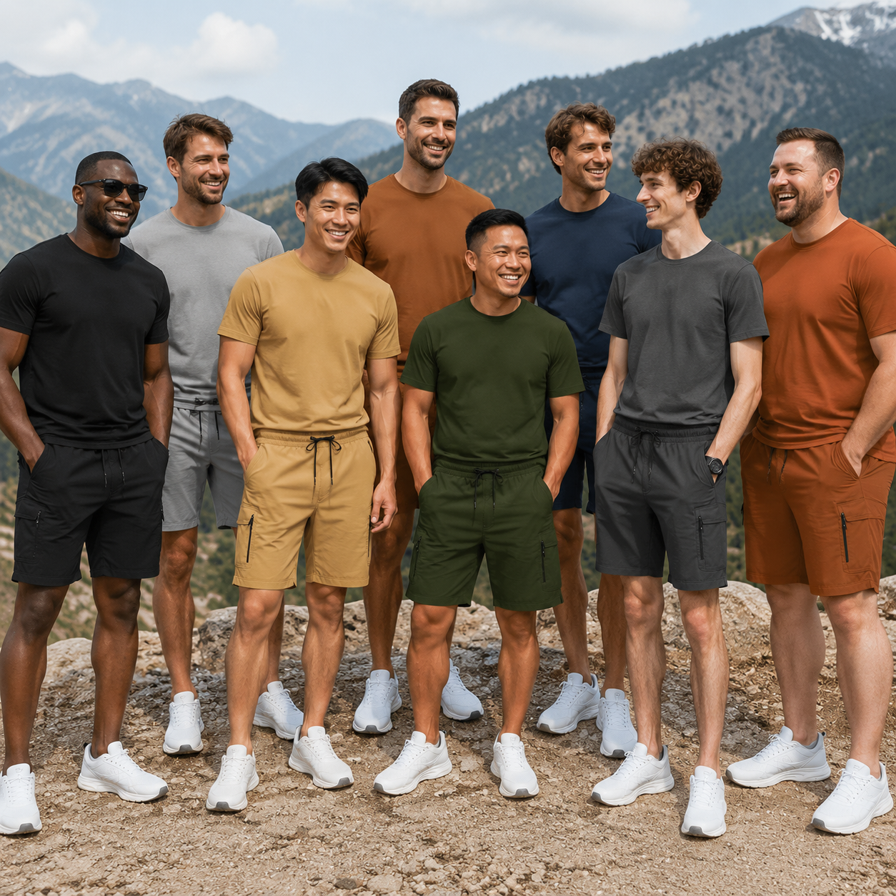 Multi-color cargo shorts lifestyle group view