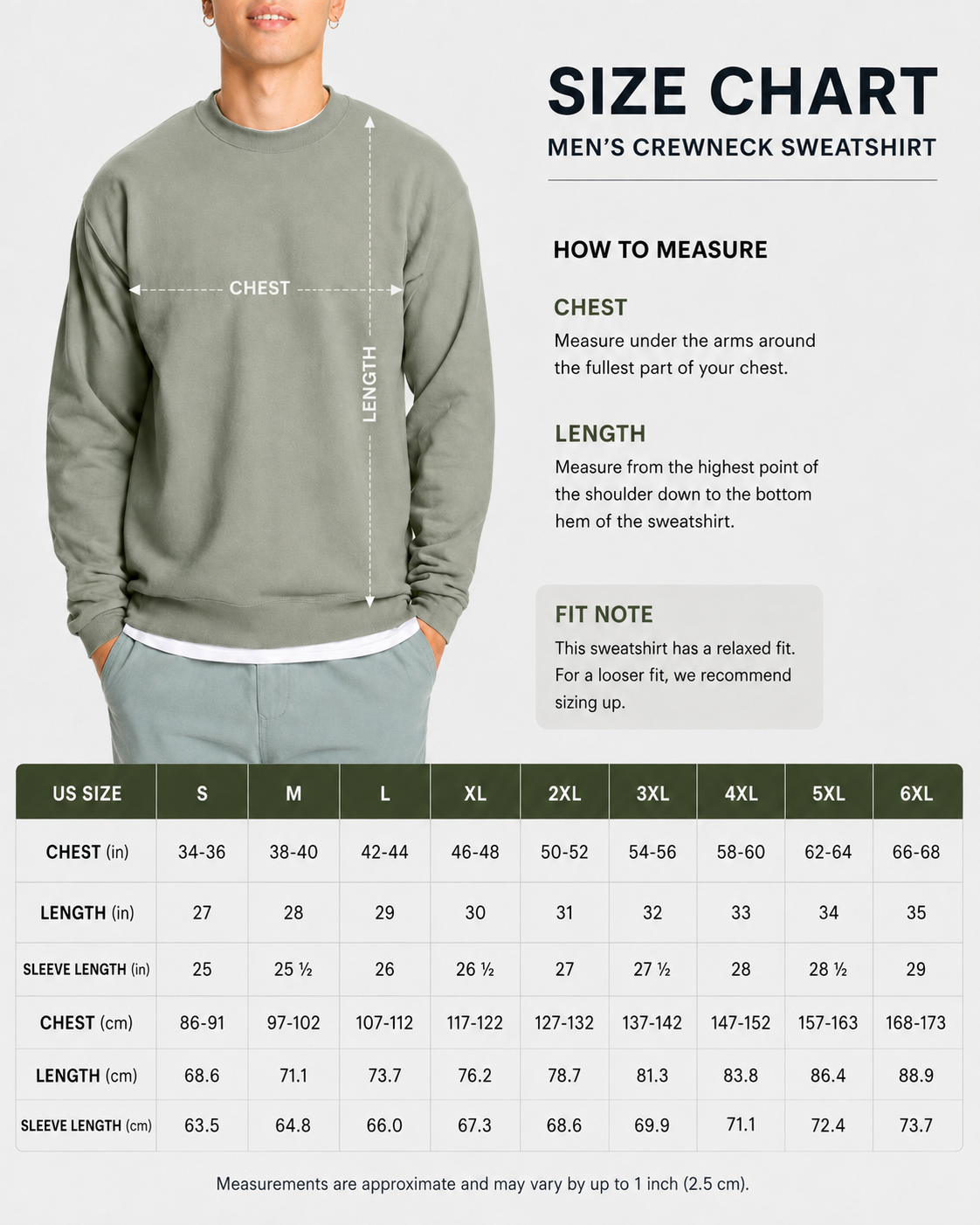 Men's crewneck sweatshirt size chart S through 6XL
