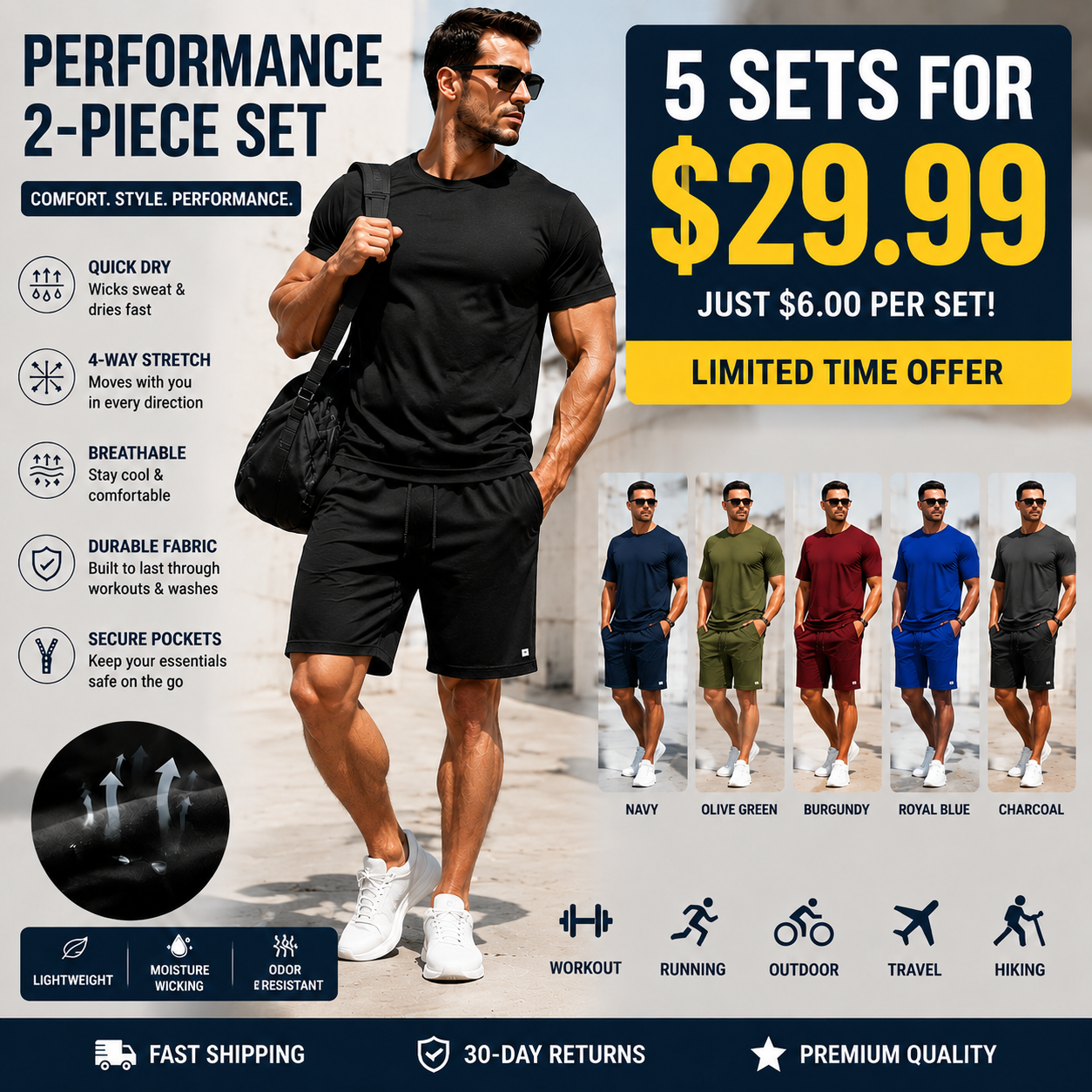 Men's Performance 2-Piece Set - 5-Pack Textured Tee & Shorts