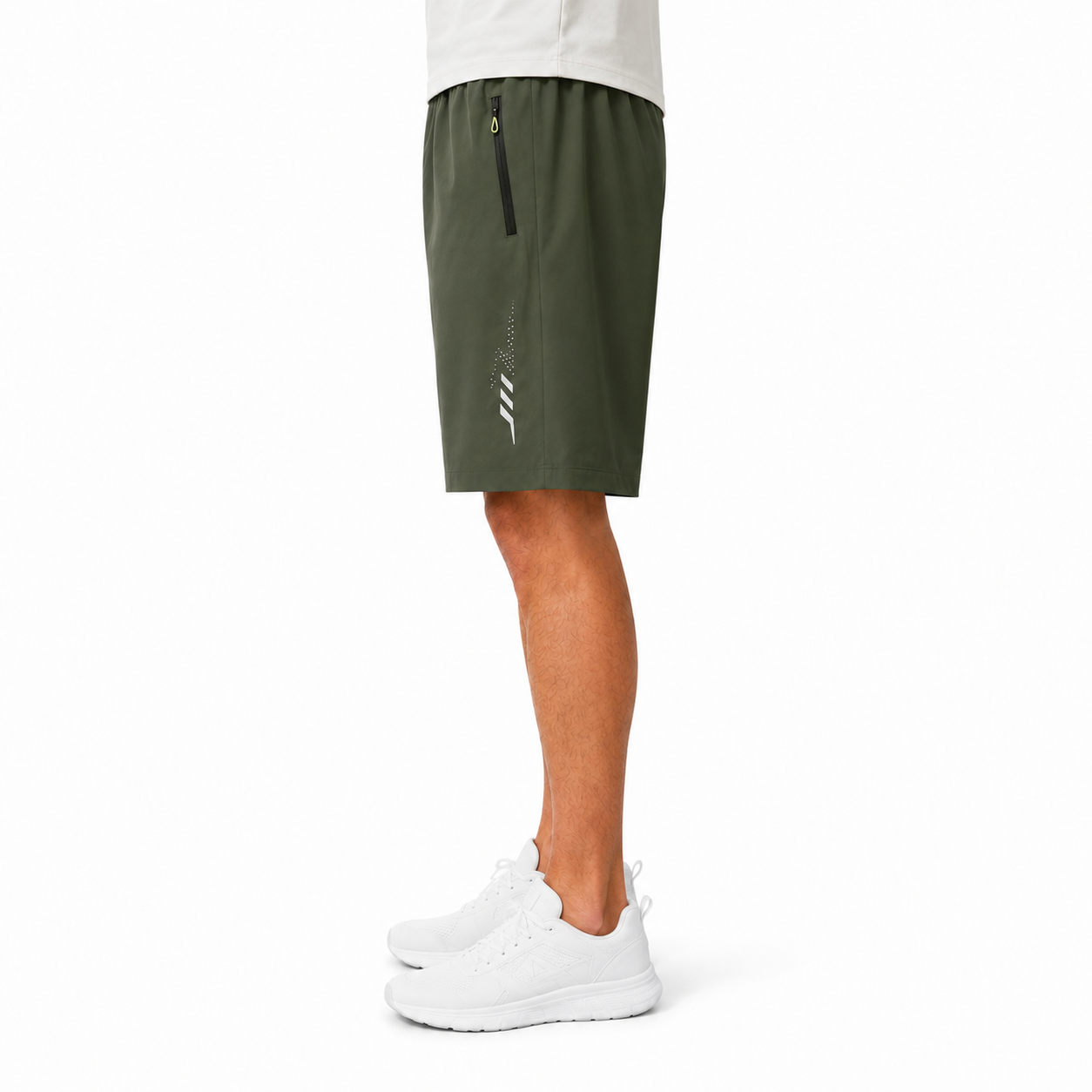 Olive performance shorts side zipper pocket view
