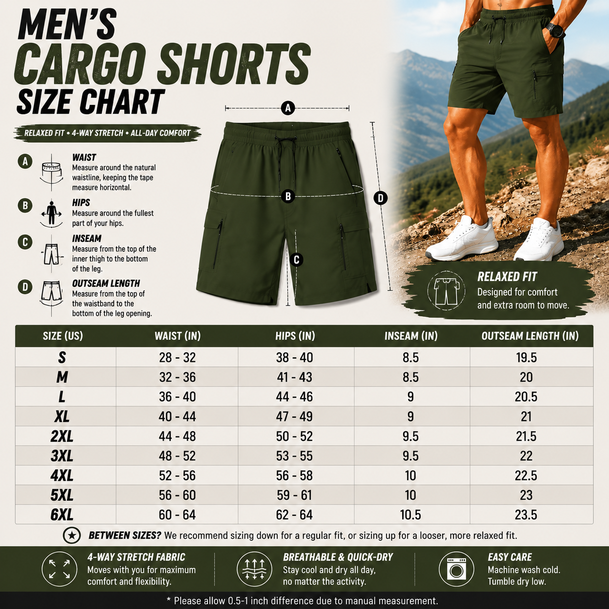 Men's Cargo Shorts Multi-Pack - Stretch Quick Dry Drawstring Work Shorts