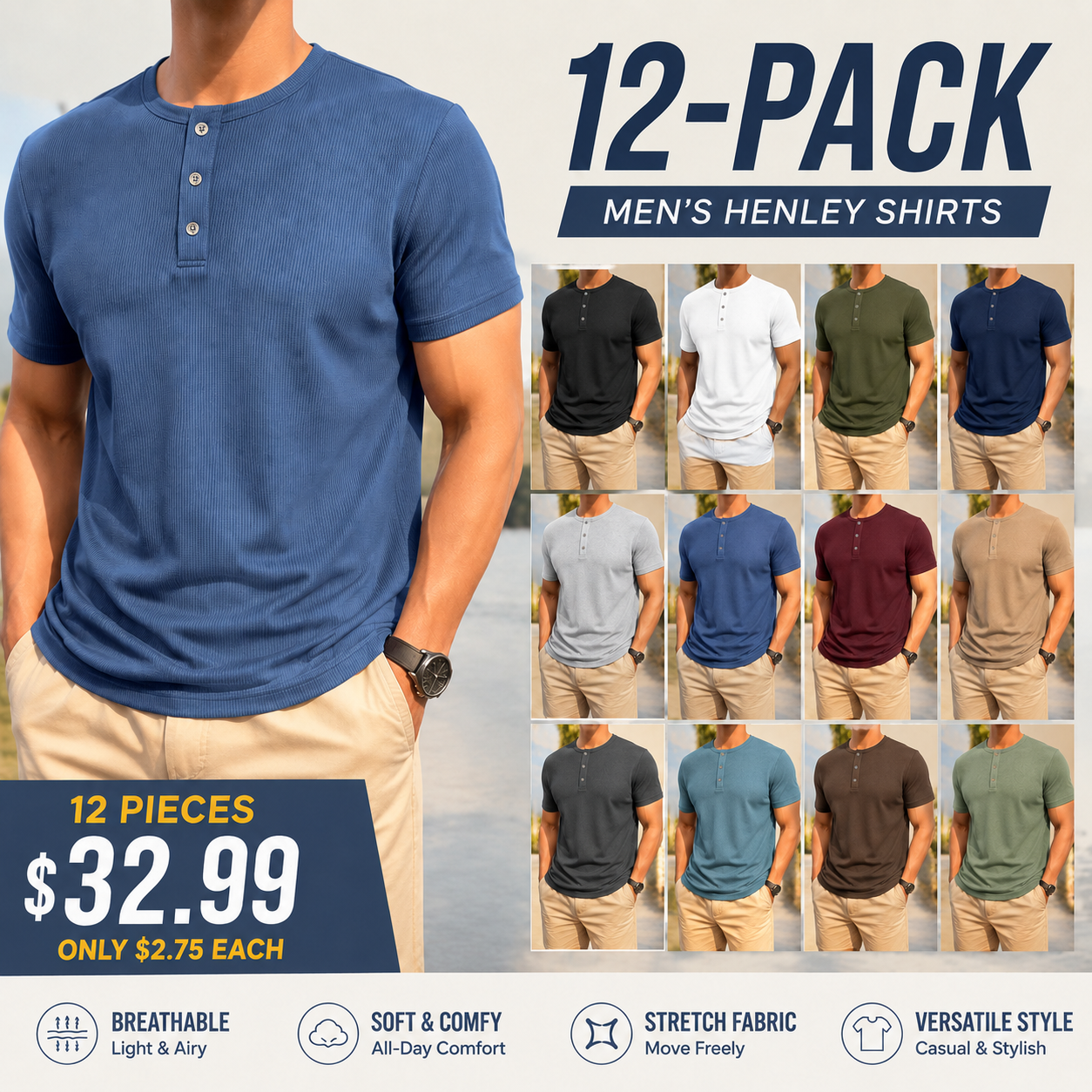 Men's Short Sleeve Henley Shirts Multi-Pack
