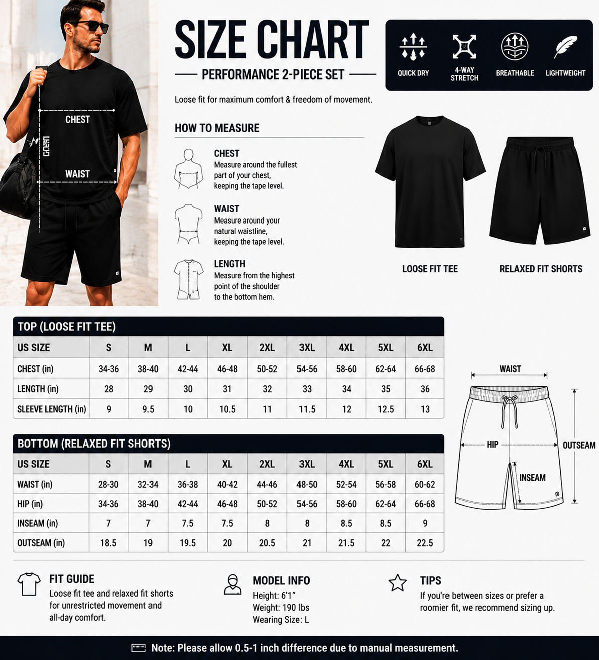 Men's Performance 2-Piece Set - 5-Pack Textured Tee & Shorts