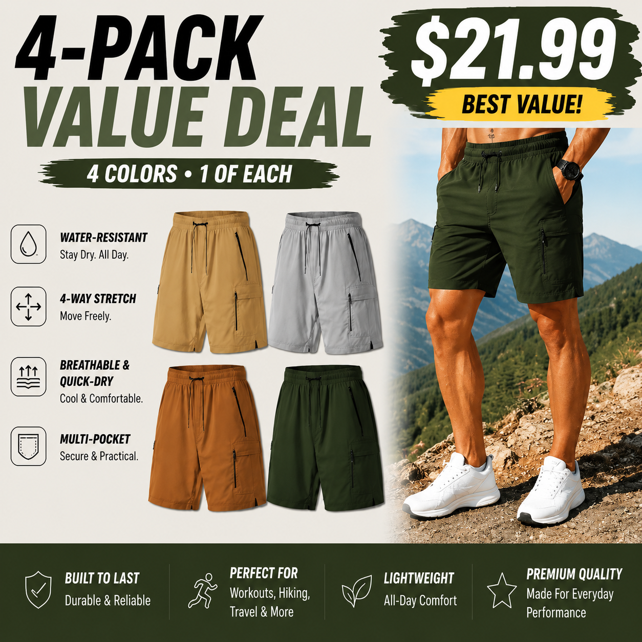 Men's Cargo Shorts Multi-Pack - Stretch Quick Dry Drawstring Work Shorts