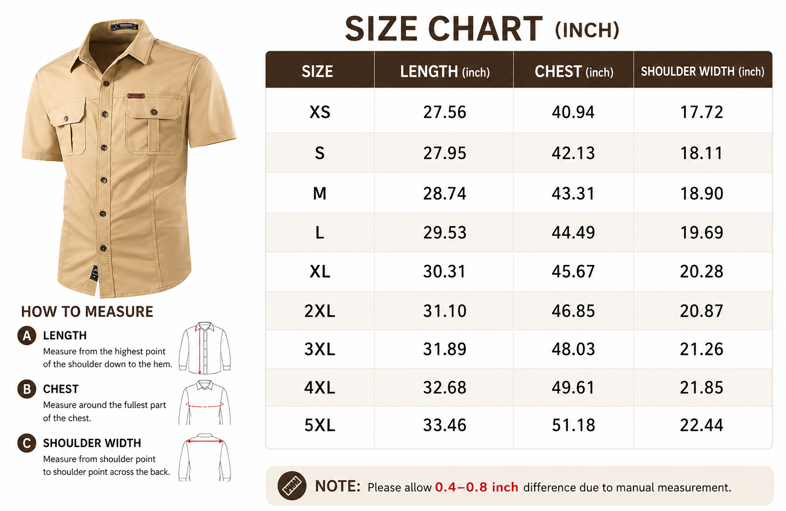 Men's Summer Outdoor Casual Short-Sleeve Work Shirt - size guide
