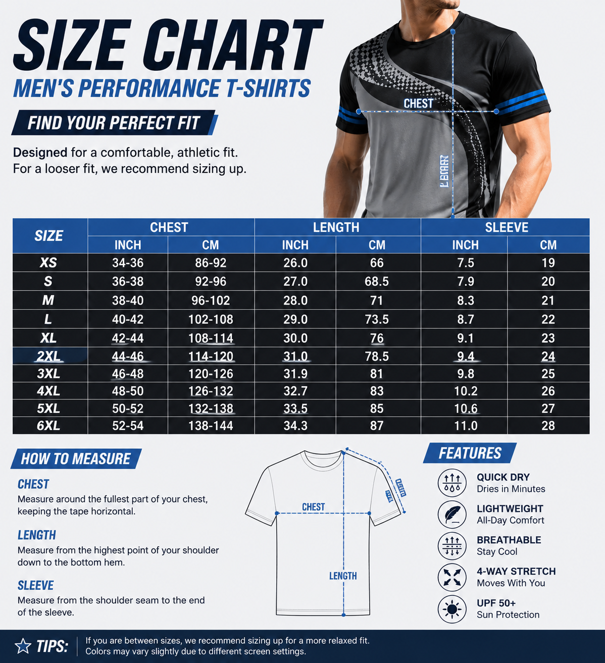 Men's performance T-shirts size chart XS to 6XL