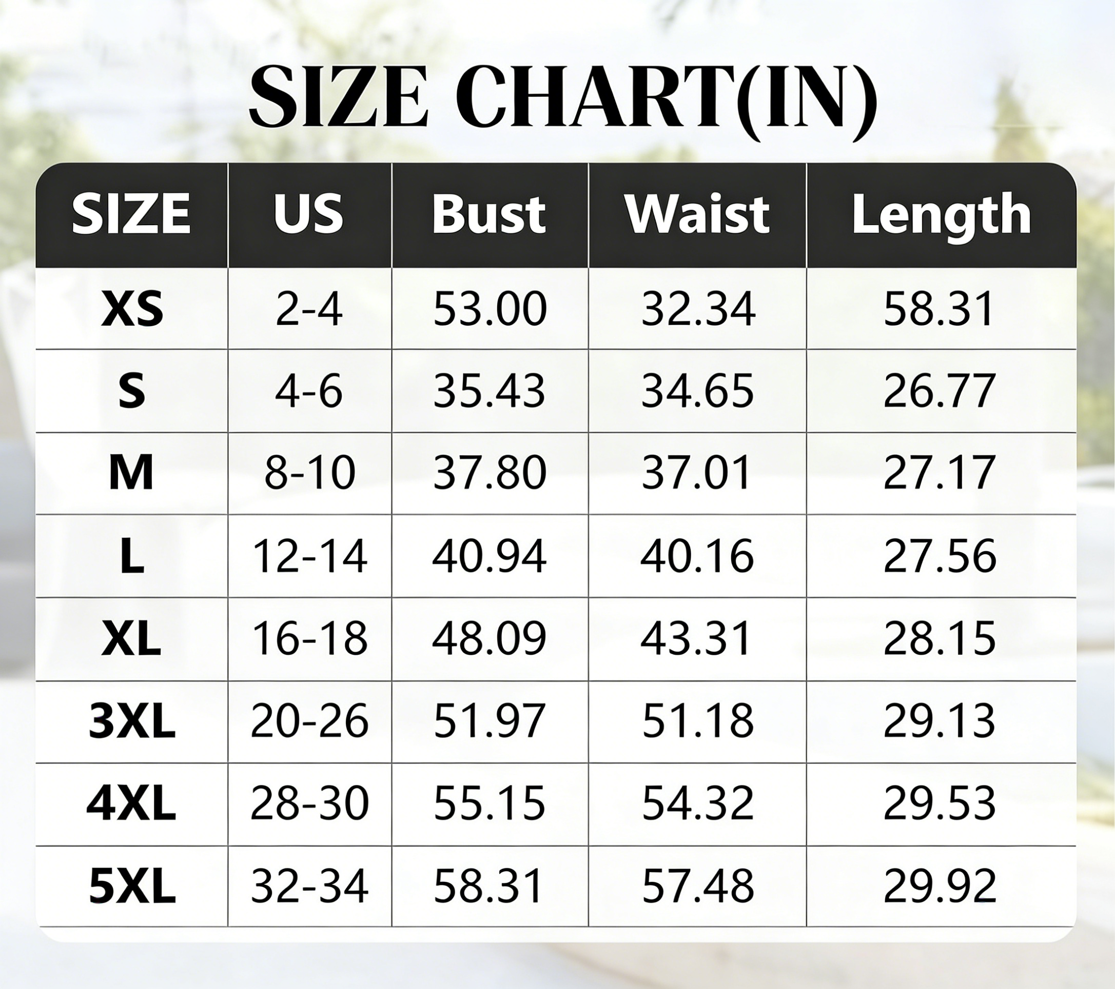 Women's V-neck tank top size chart XS to 5XL