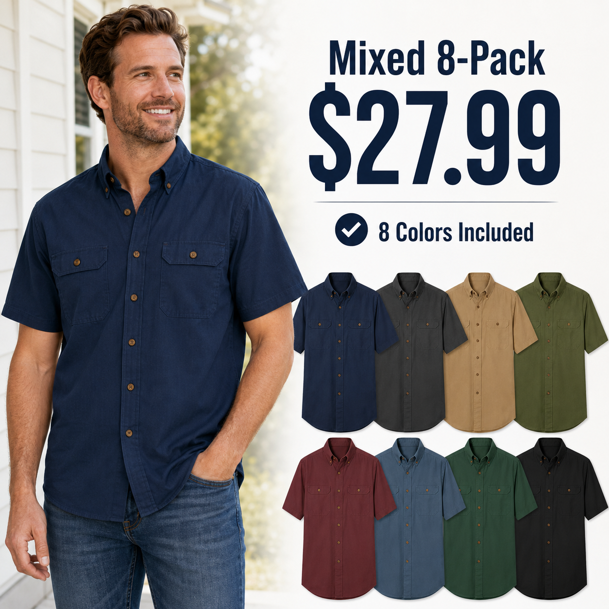 Men's Dual-Pocket Button-Down Work Shirt Multi-Pack