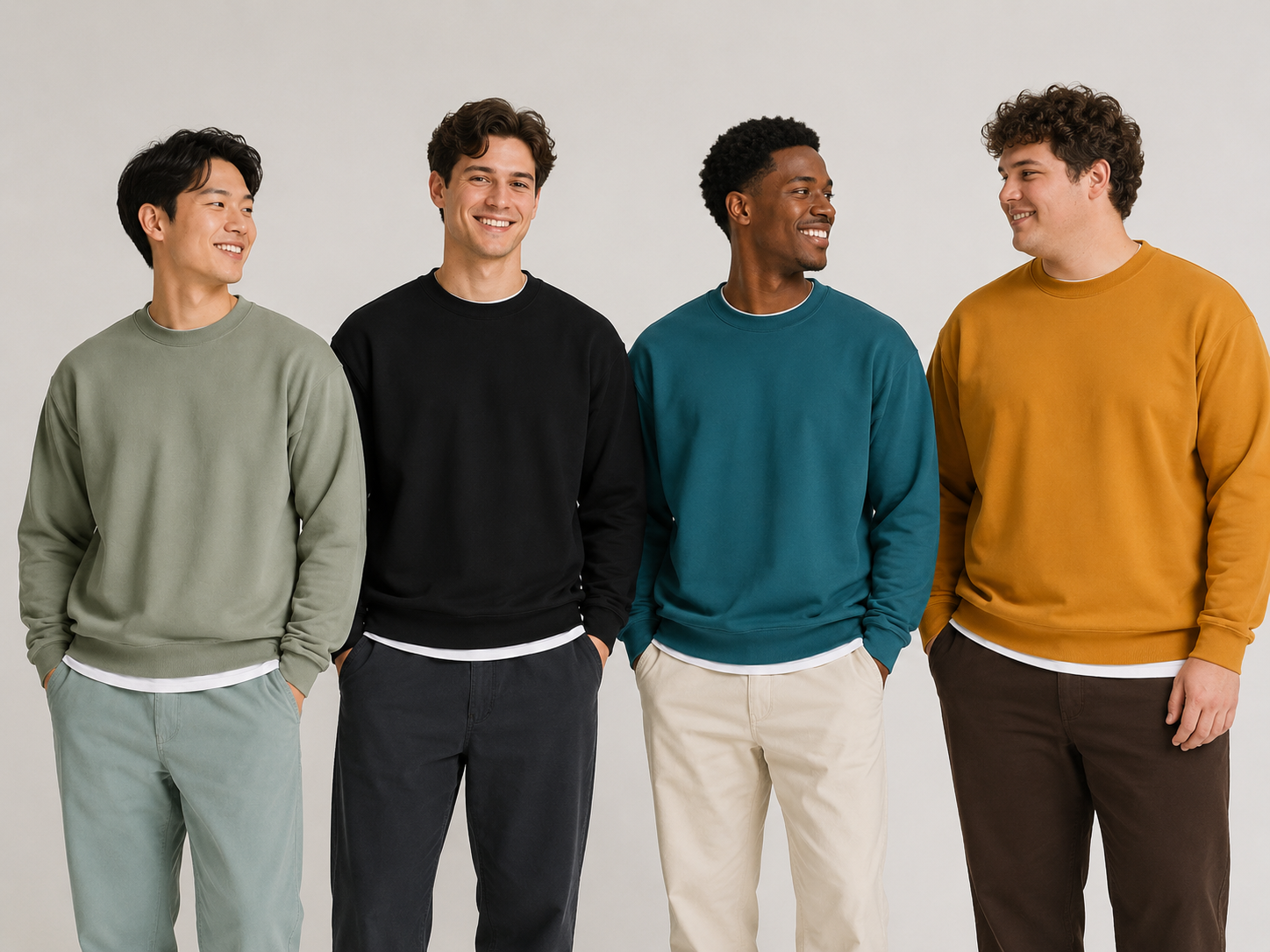 Men wearing plain crewneck sweatshirts in four everyday colors