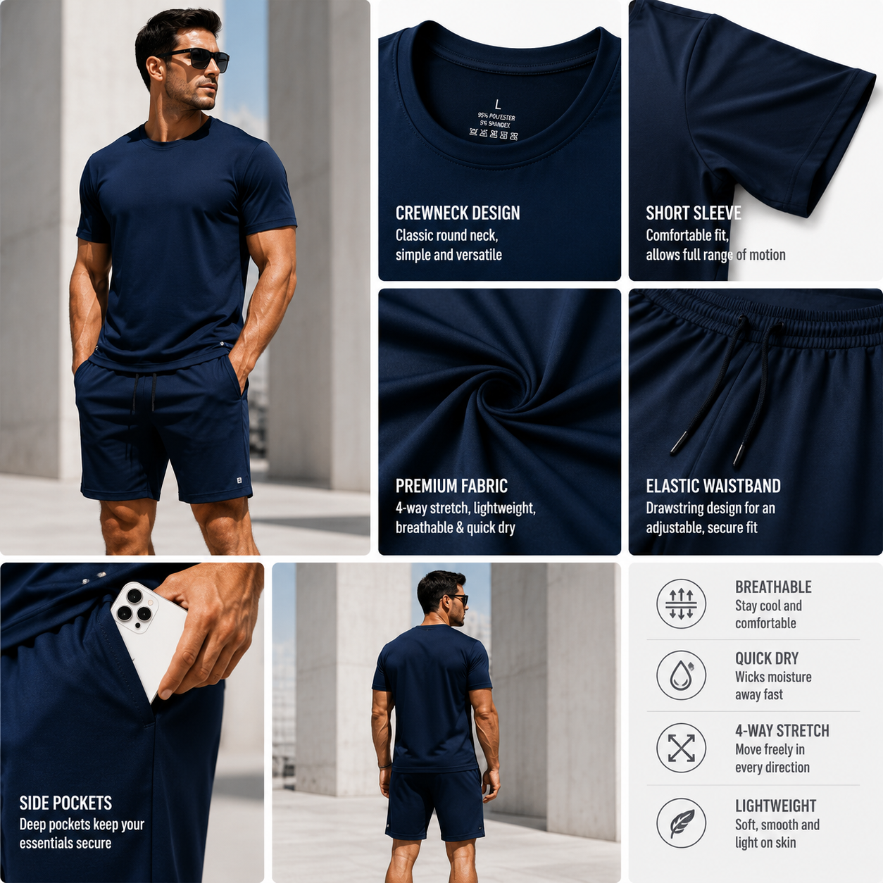 Textured tee and shorts detail views