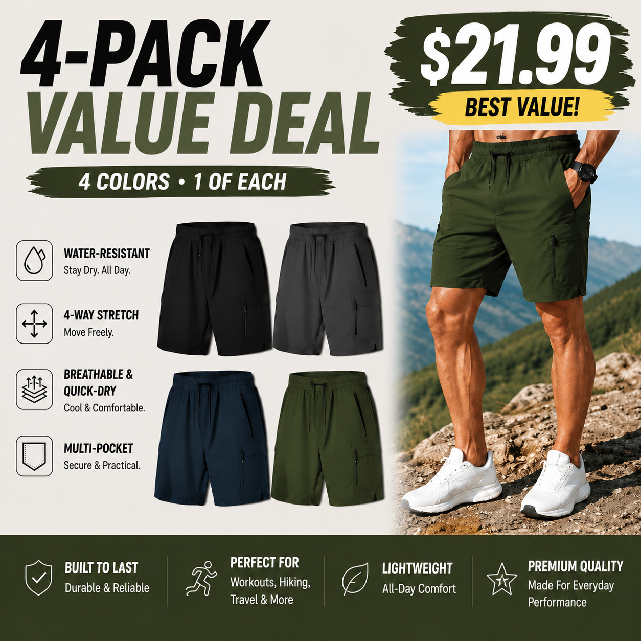 Men's Cargo Shorts Multi-Pack - Stretch Quick Dry Drawstring Work Shorts