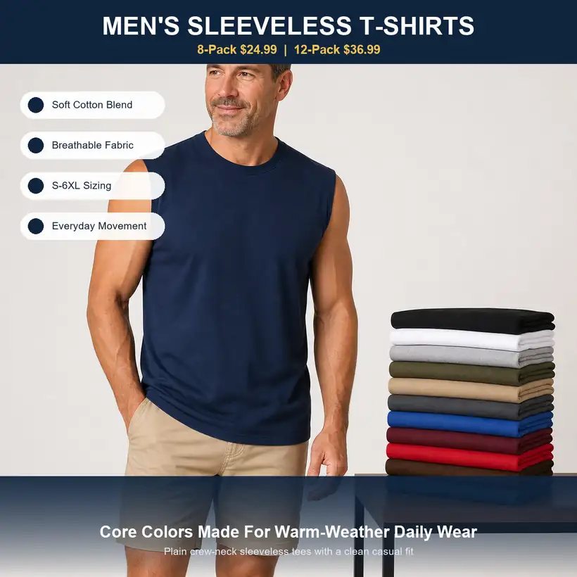 Male model wearing men's sleeveless t-shirts with multi-color stack