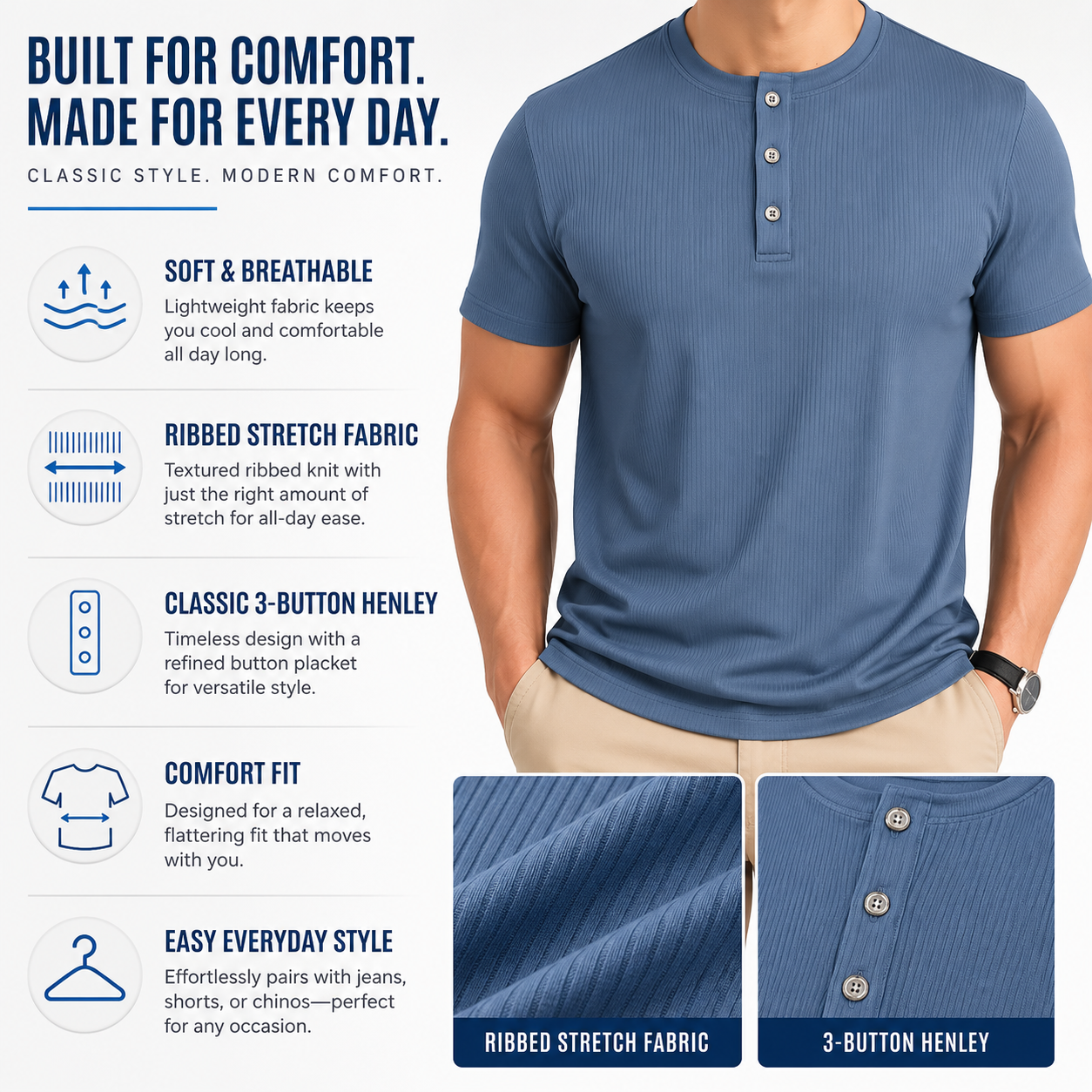 Men's Henley shirt comfort fit and feature overview