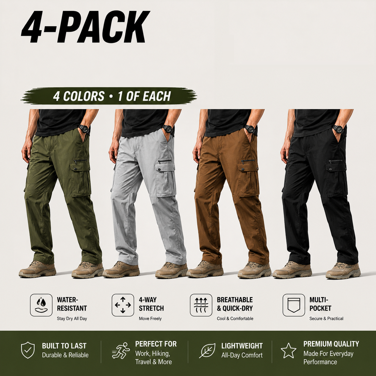 Men's Cargo Pants Multi-Pack - Lightweight Drawstring Work Pants - 4-PACK A (Olive / Light Gray / Brown / Black) - $23.99