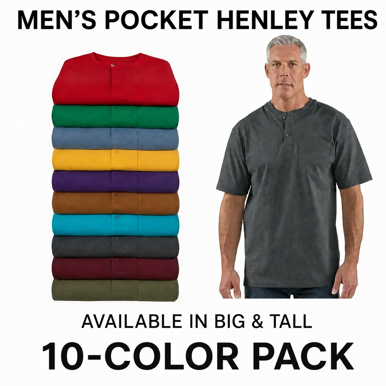 Men's pocket Henley tees 10-color pack