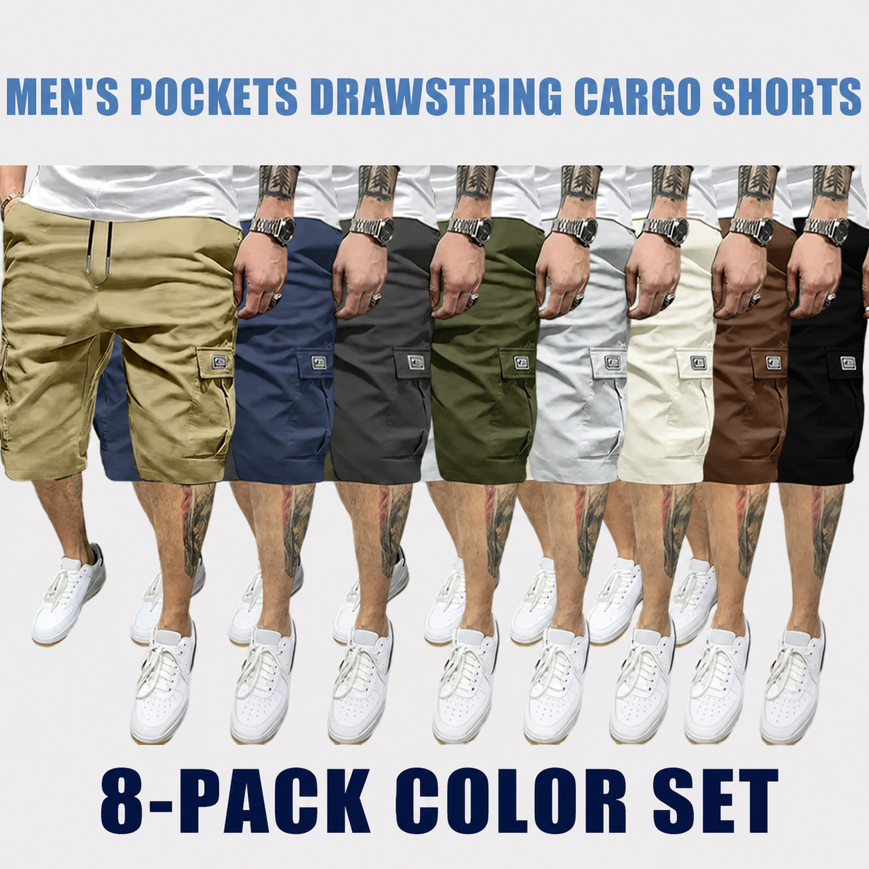 Men's drawstring cargo shorts 8-pack color set