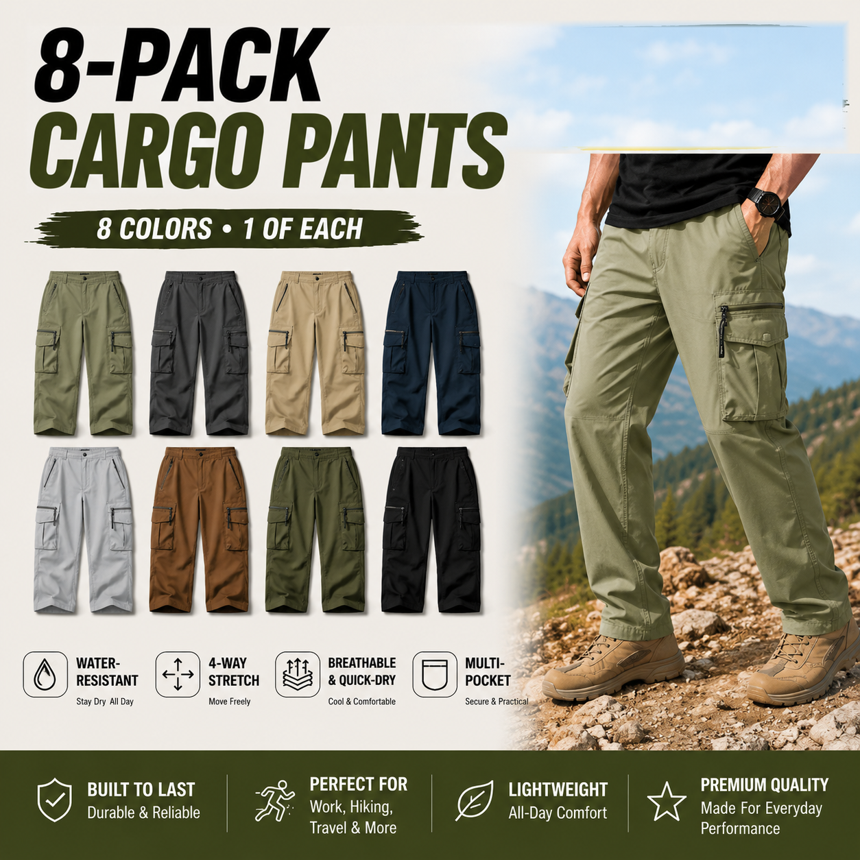 Men's Cargo Pants Multi-Pack - Lightweight Drawstring Work Pants - 8-PACK (8 Colors) - $30.99